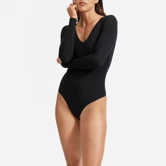 NEW Everlane Black V-Neck Long Sleeve Thong One-Piece Bodysuit Top - Picture 1 of 12